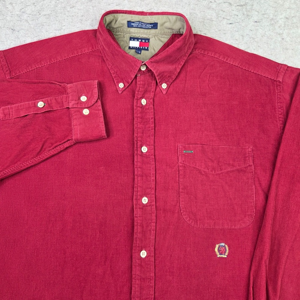 Vtg 90s Tommy Hilfiger Mens Large Faded Corduroy Collared Button Down Shirt Red